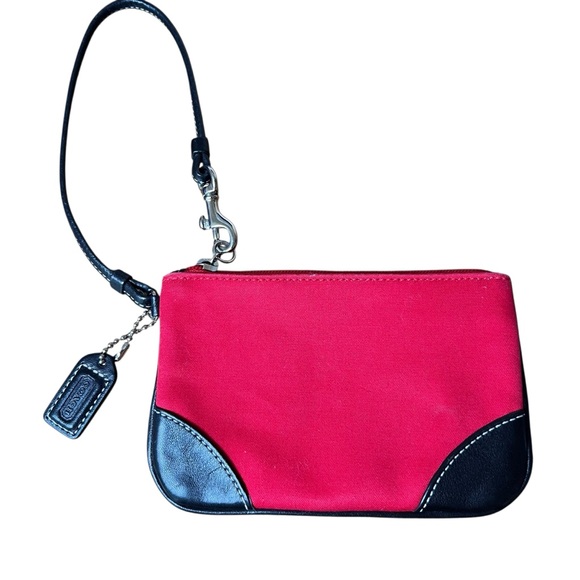 COACH Red Black Wristlet Zip-Top Clutch Wallet Coin Purse Canvas Leather Trim - Picture 1 of 7